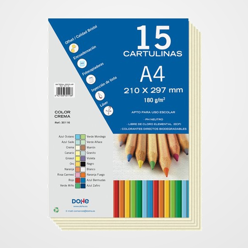 CARTULINA A4 DOHE 180g CREMA PAQUETE de 15