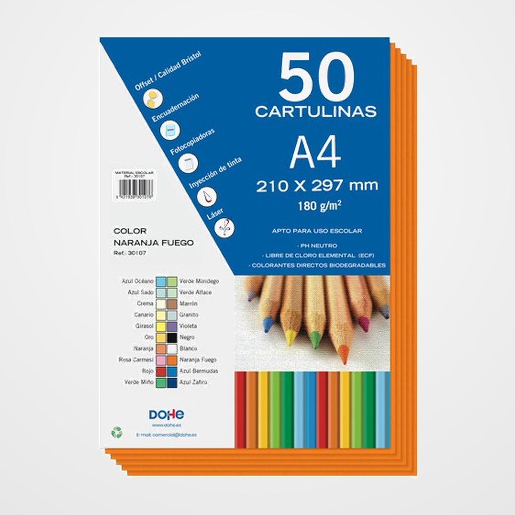 CARTULINA A4 DOHE 180g NARANJA FUEGO PAQUETE de 50