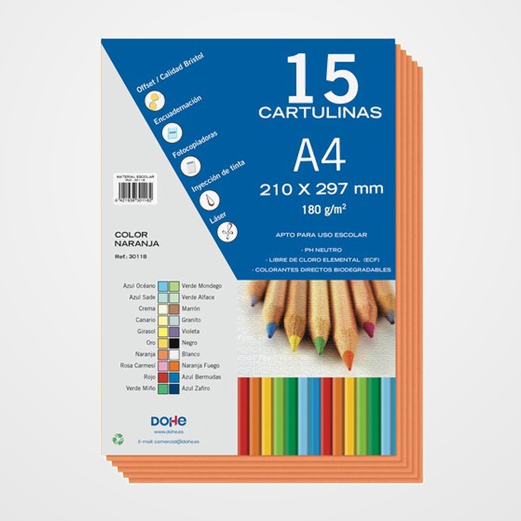 CARTULINA A4 DOHE 180g NARANJA PAQUETE de 15