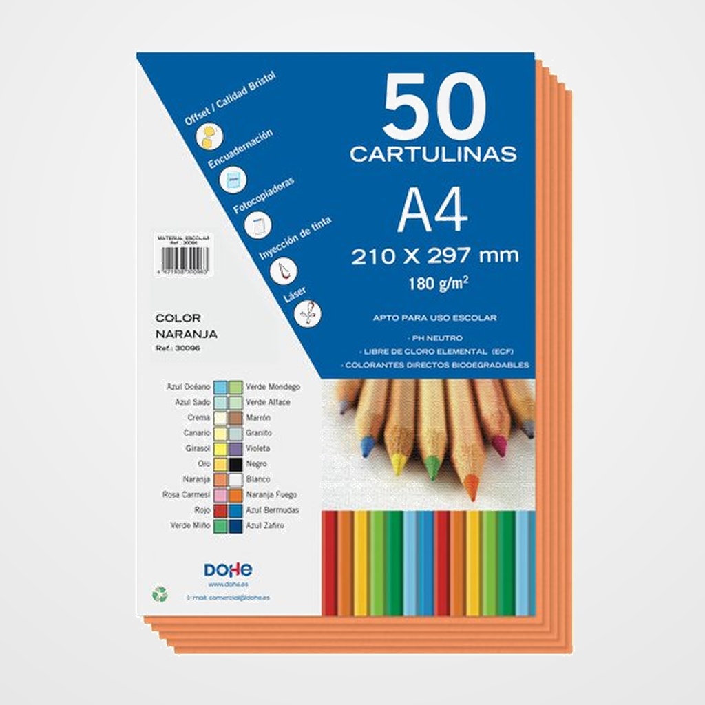 CARTULINA A4 DOHE 180g NARANJA PAQUETE de 50