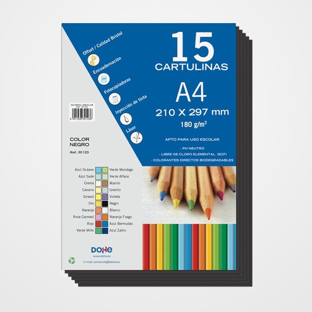 CARTULINA A4 DOHE 180g NEGRO PAQUETE de 15