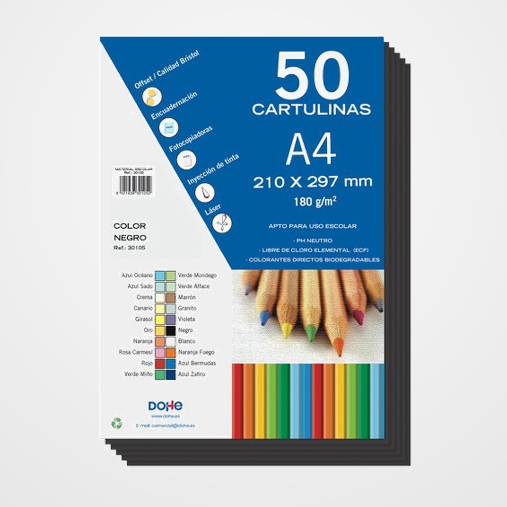 CARTULINA A4 DOHE 180g NEGRO PAQUETE de 50