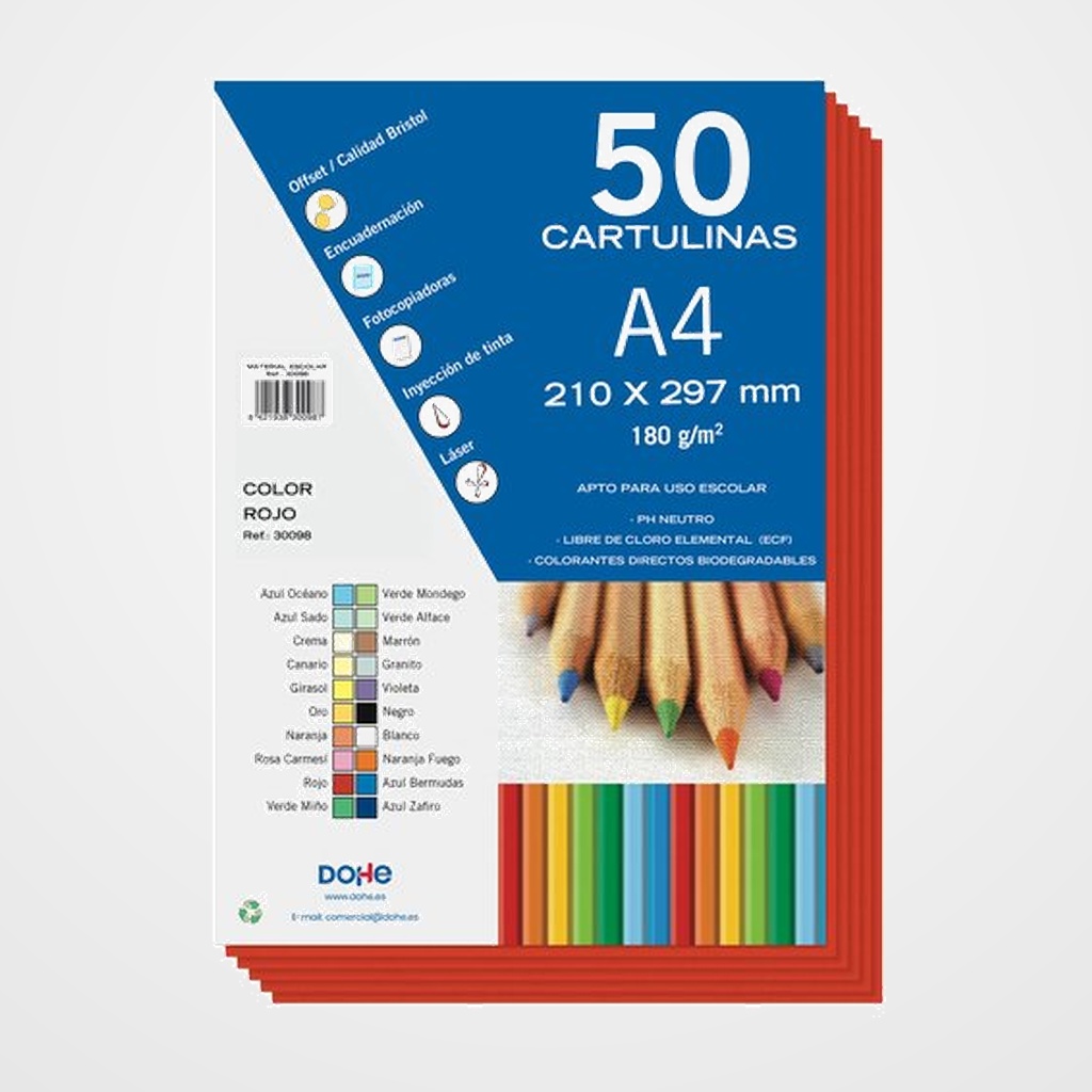 CARTULINA A4 DOHE 180g ROJO PAQUETE de 50