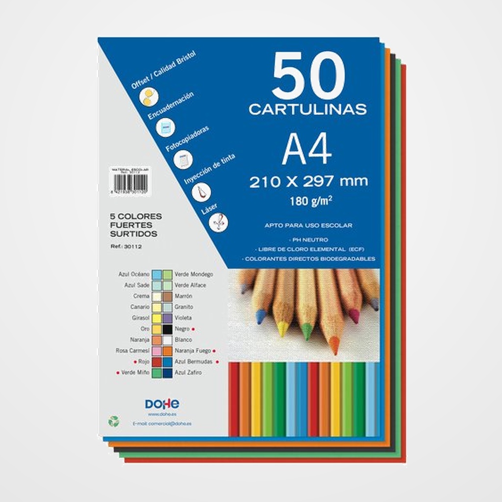 CARTULINA A4 DOHE 180g SURTIDO FUERTE PAQUETE de 50 (Rojo, Verde Miño, Naranja Fuego, Negro, Azul Bermudas)