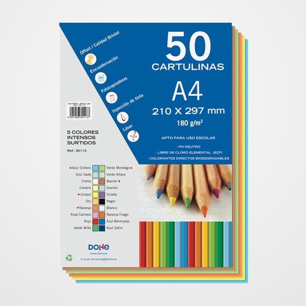 CARTULINA A4 DOHE 180g SURTIDO INTENSO PAQUETE de 50 (Azul Oceano, Girasol, Naranja, Verde Mondego, Marron)
