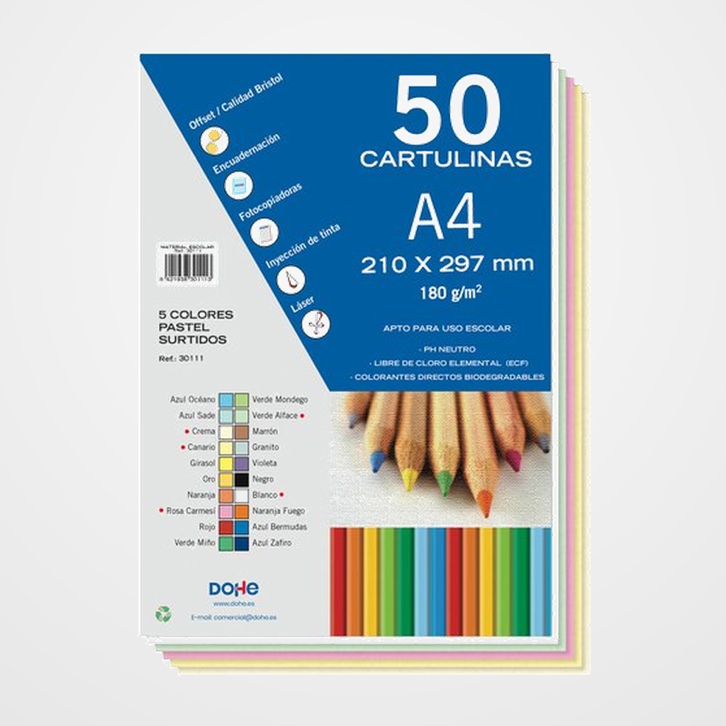 CARTULINA A4 DOHE 180g SURTIDO PASTEL PAQUETE de 50 (Crema, Canario, Rosa Carmesi, Verde Alface, Blanco)