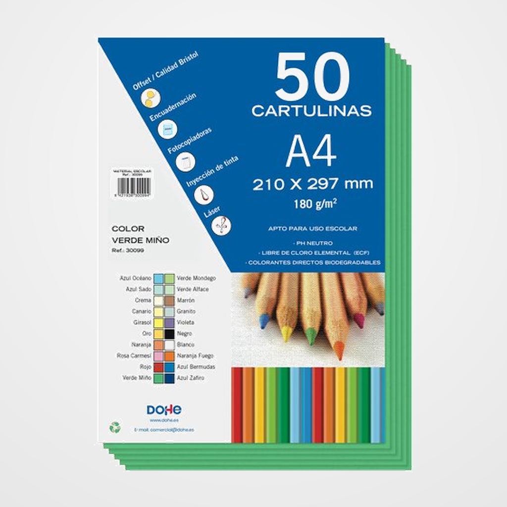 CARTULINA A4 DOHE 180g VERDE MIÑO PAQUETE de 50