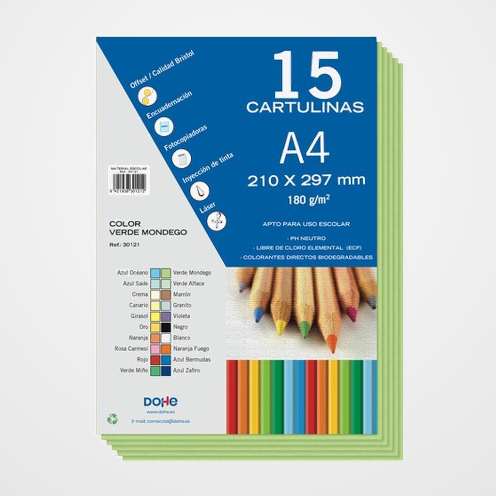 CARTULINA A4 DOHE 180g VERDE MONDEGO PAQUETE de 15