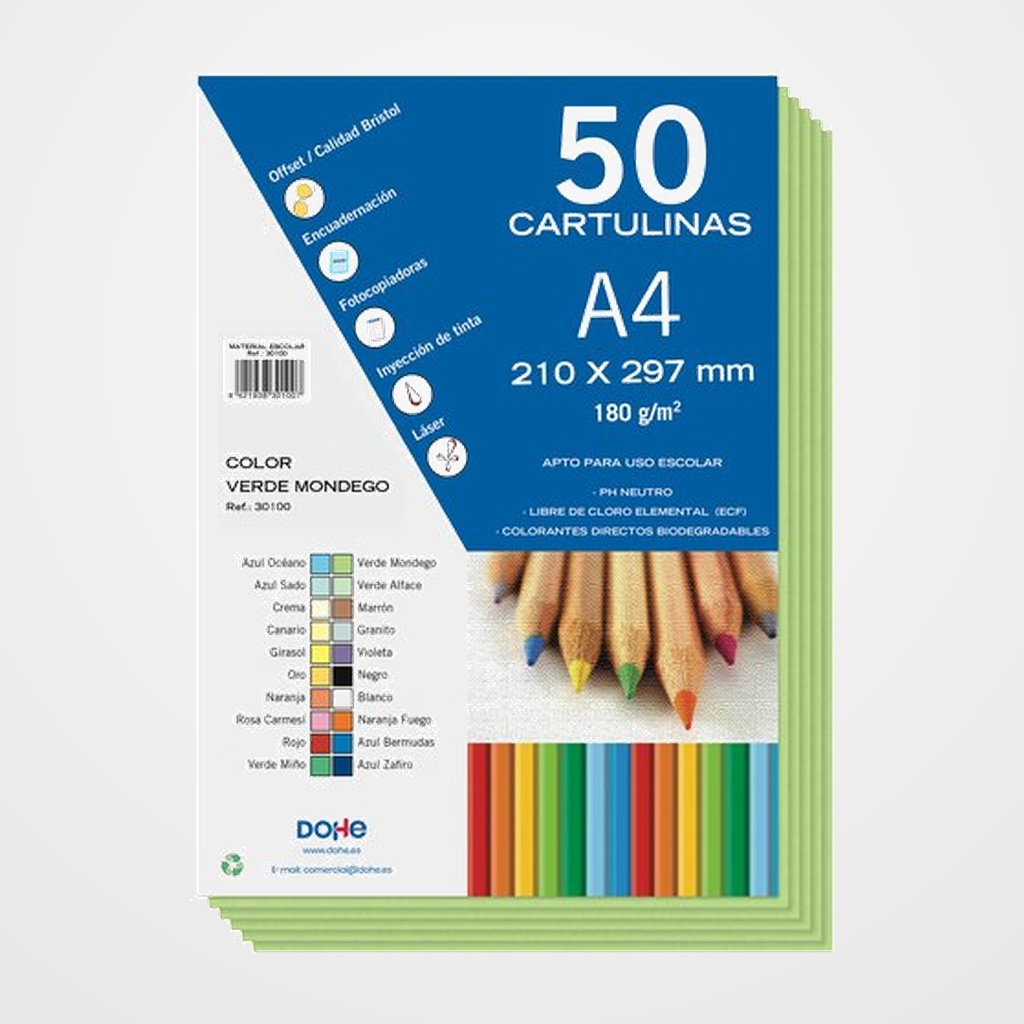 CARTULINA A4 DOHE 180g VERDE MONDEGO PAQUETE de 50