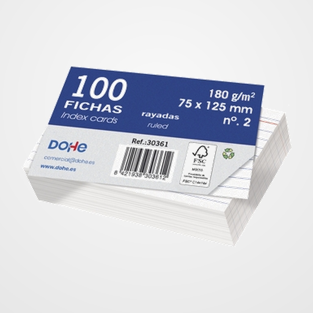 FICHAS DOHE RAYADAS 75x125mm (Nº2) paquete de 100