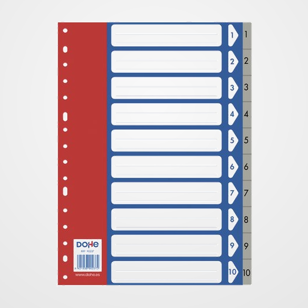 INDICE DOHE PP NUMERICO A4 pestañas 1-10 16 taladros GRIS