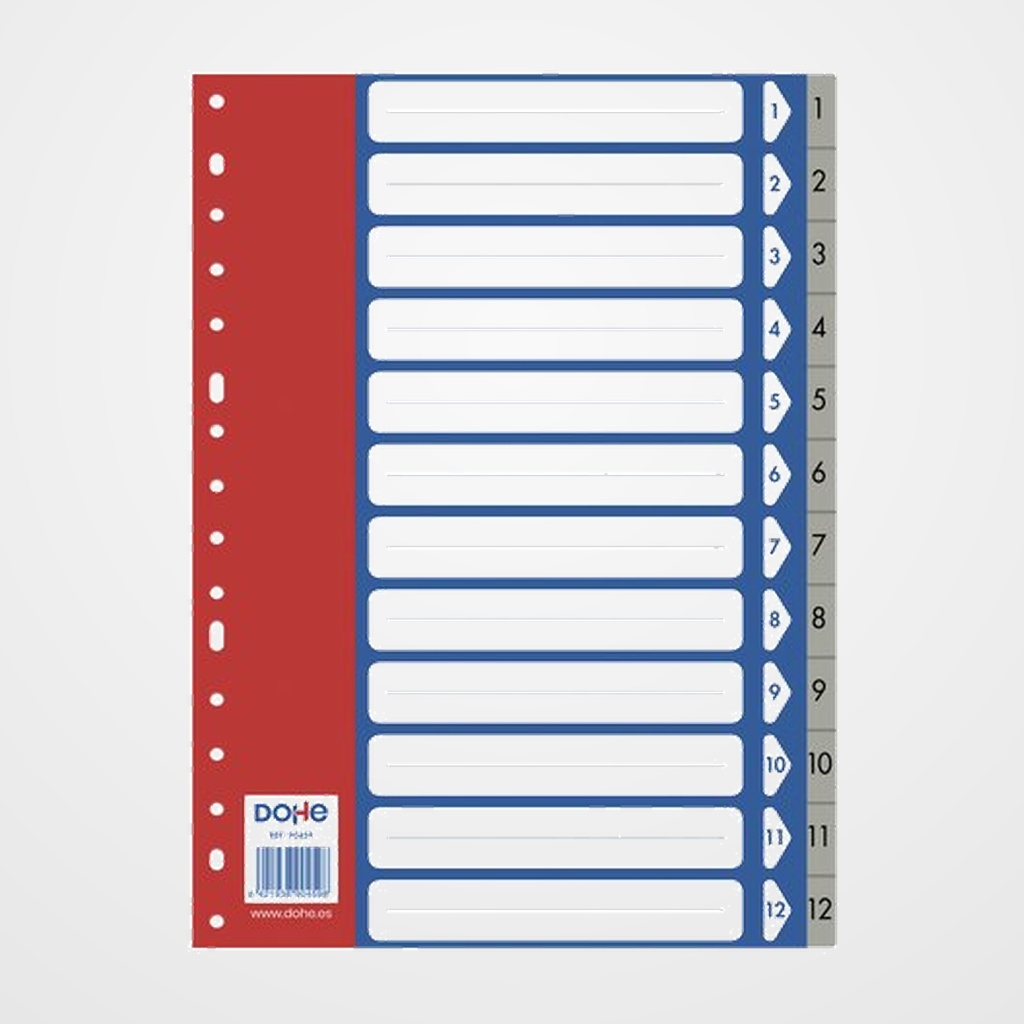 INDICE DOHE PP NUMERICO A4 pestañas 1-12 16 taladros GRIS