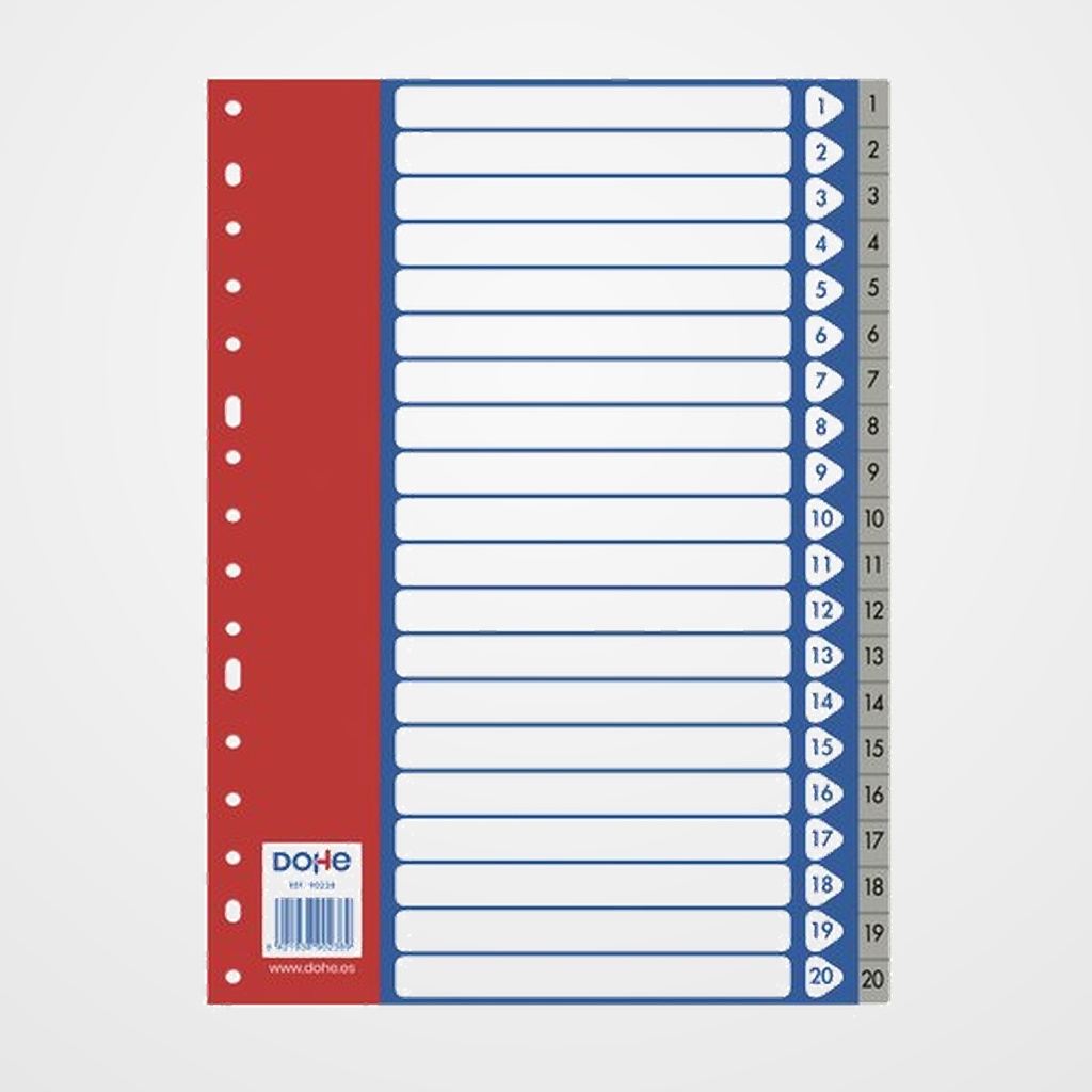 INDICE DOHE PP NUMERICO A4 pestañas 1-20 16 taladros GRIS