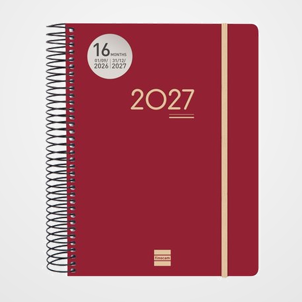 AGENDA ANUAL (2026-27) FINOCAM 16 MESES INTERNACIONAL IKON ESPIRAL tapa PP D/P E10 155x212 con GOMA BURDEOS