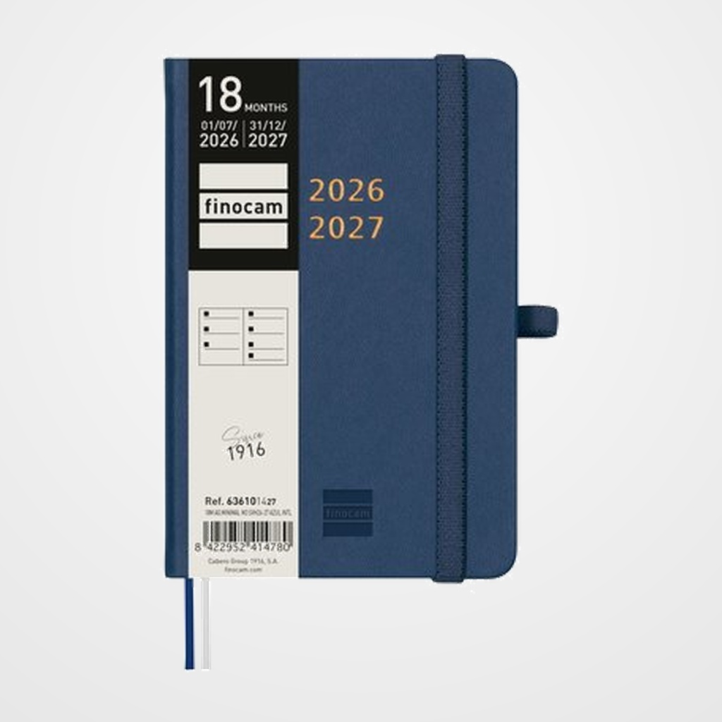 AGENDA ANUAL (2026-27) FINOCAM 18 MESES INTERNACIONAL MINIMAL COSIDA tapa EXTRADURA S/V APAIS. M3 100x150 con GOMA AZUL