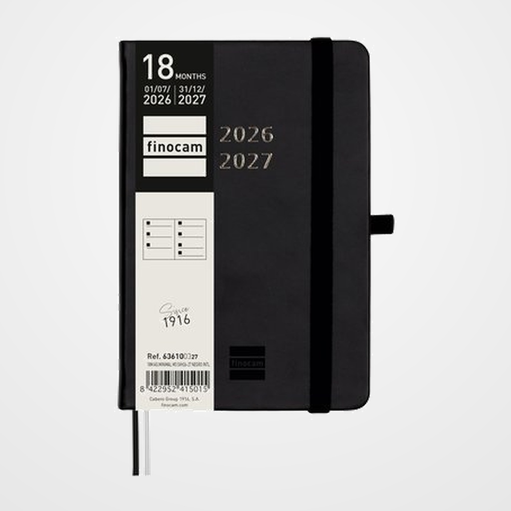 AGENDA ANUAL (2026-27) FINOCAM 18 MESES INTERNACIONAL MINIMAL COSIDA tapa EXTRADURA S/V APAIS. M3 100x150 con GOMA NEGRO