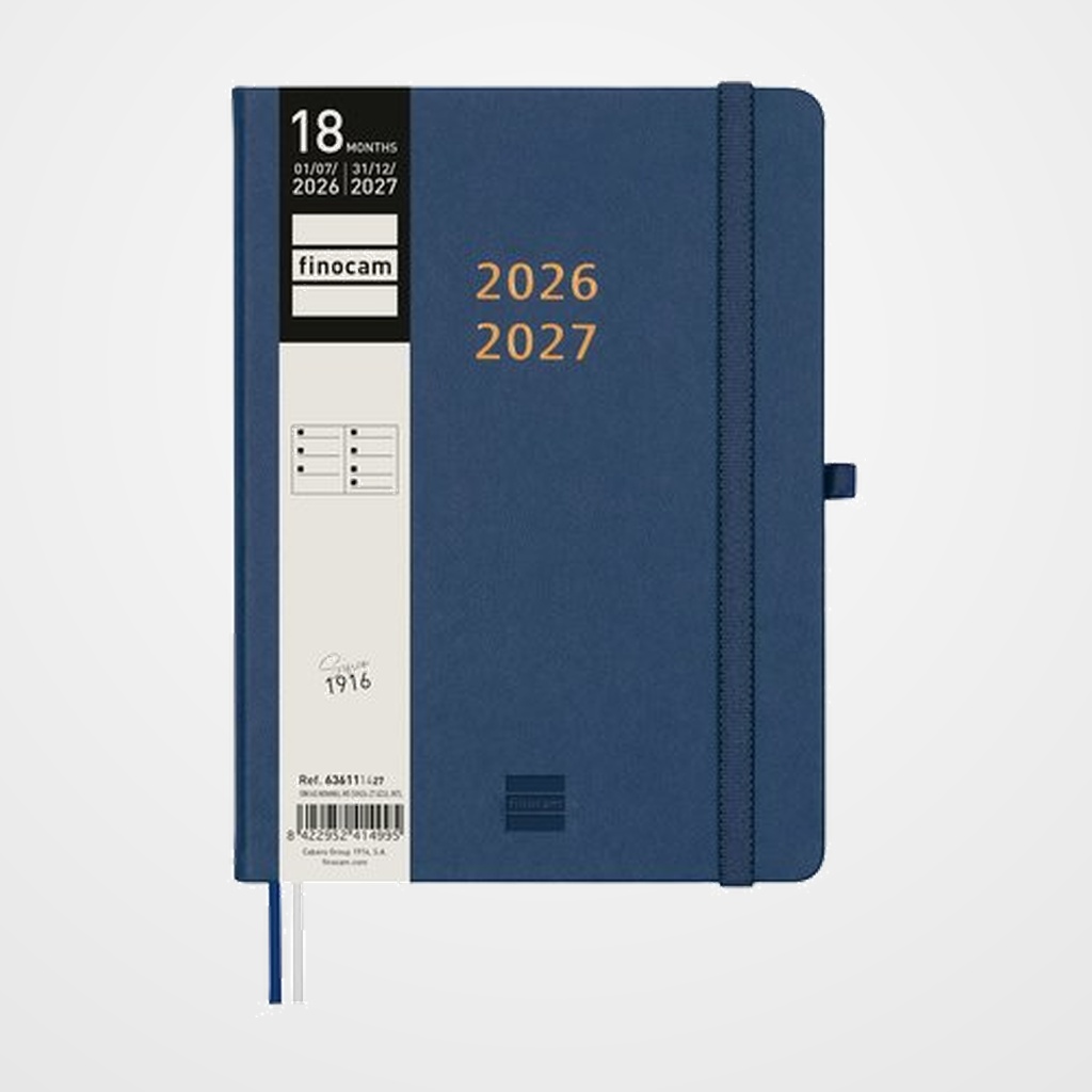AGENDA ANUAL (2026-27) FINOCAM 18 MESES INTERNACIONAL MINIMAL COSIDA tapa EXTRADURA S/V APAIS. M5 140x190 con GOMA AZUL