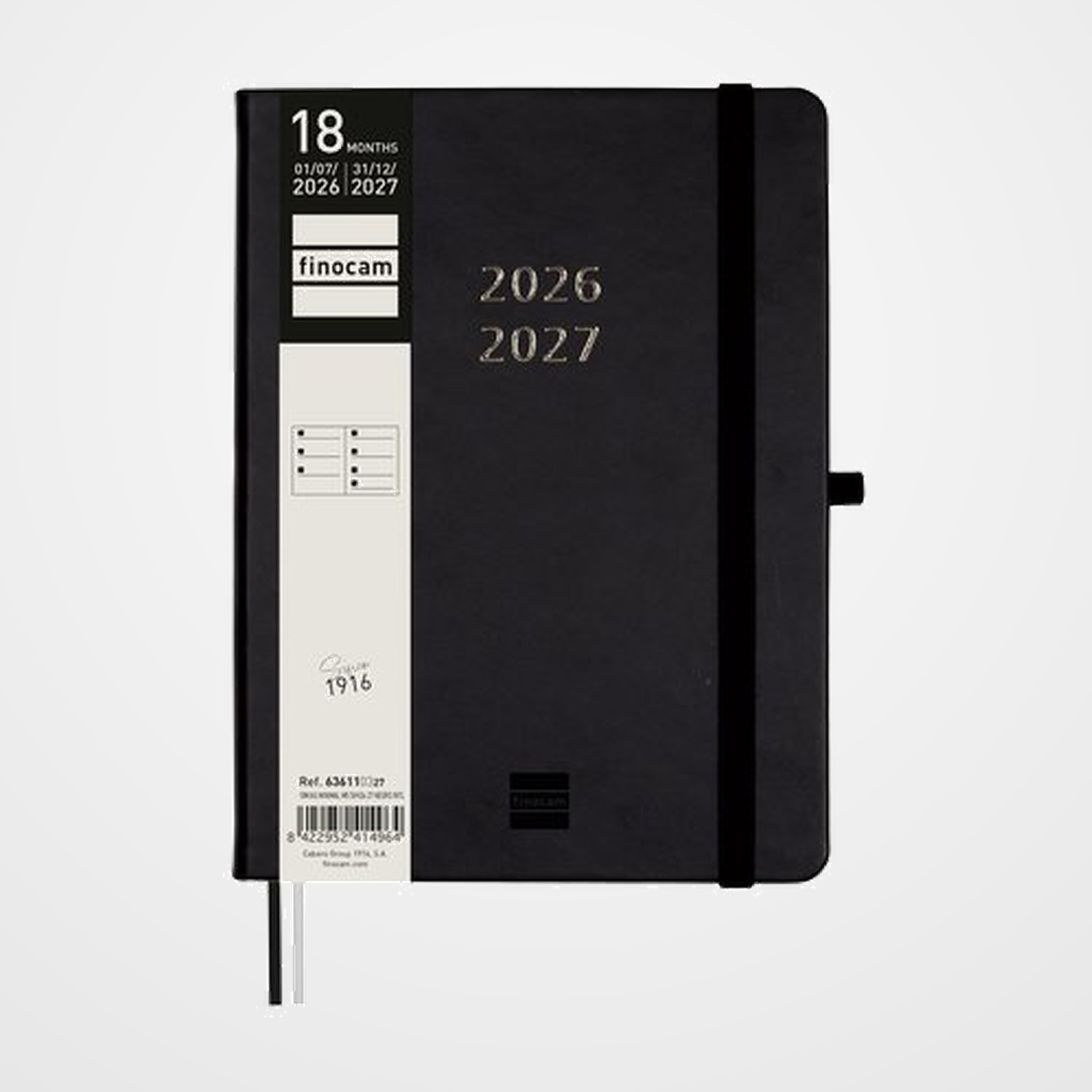 AGENDA ANUAL (2026-27) FINOCAM 18 MESES INTERNACIONAL MINIMAL COSIDA tapa EXTRADURA S/V APAIS. M5 140x190 con GOMA NEGRO