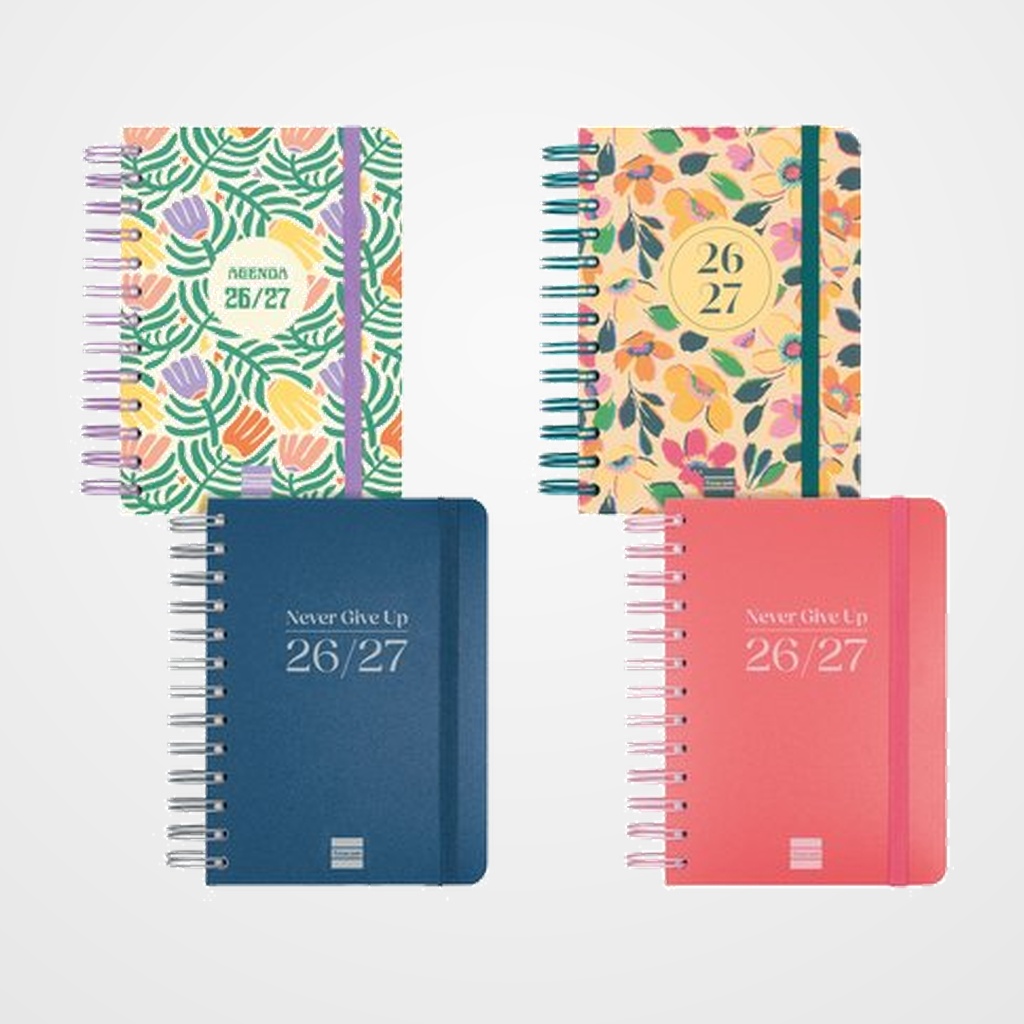 AGENDA ESCOLAR (2026-27) FINOCAM CATALAN COSMO WIRE-O tapa EXTRA D/P 8º 120x169 con GOMA ASSORTIMENT PACK de 4