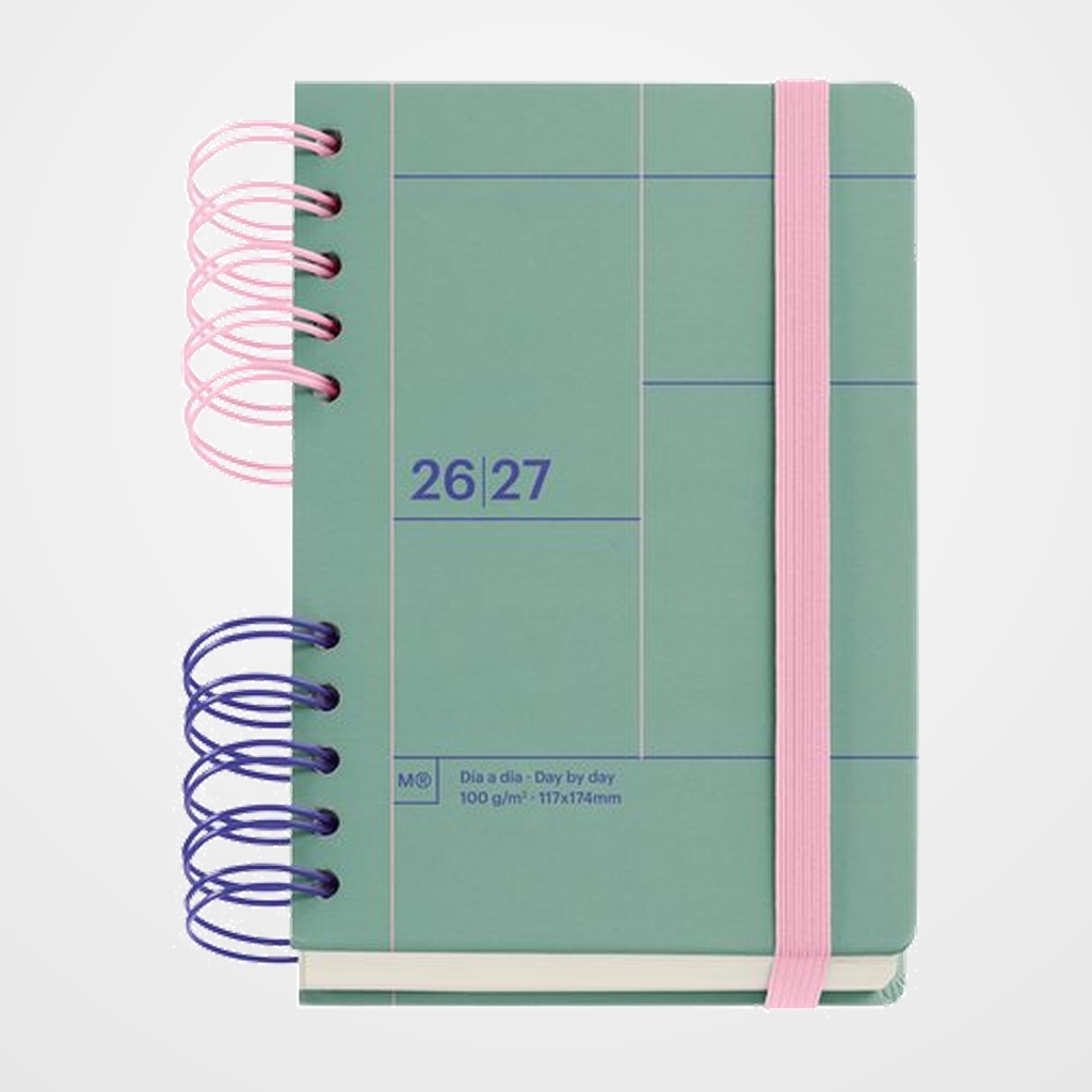 AGENDA ESCOLAR (2026-27) MIQUELRIUS BACK TO BASICS WIRE-O tapa EXTRA con GOMA ACTIVA 8º 126x178 D/P VERDE
