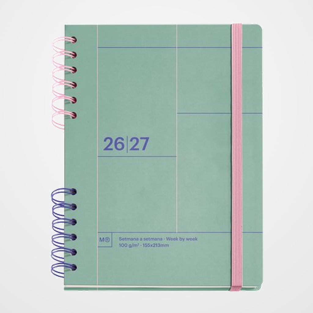 AGENDA ESCOLAR (2026-27) MIQUELRIUS CATALAN BACK TO BASICS WIRE-O tapa EXTRA con GOMA PLUS 4º 160,5x218 S/V APAIS. VERDE