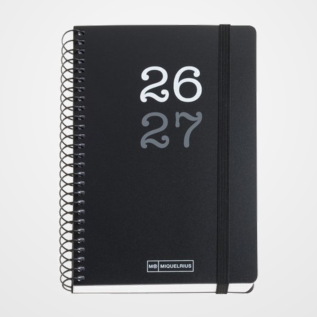 AGENDA ESCOLAR (2026-27) MIQUELRIUS COLLEGE ESPIRAL tapa PP con GOMA ACTIVA 8º 117x174 S/V APAIS. NEGRO