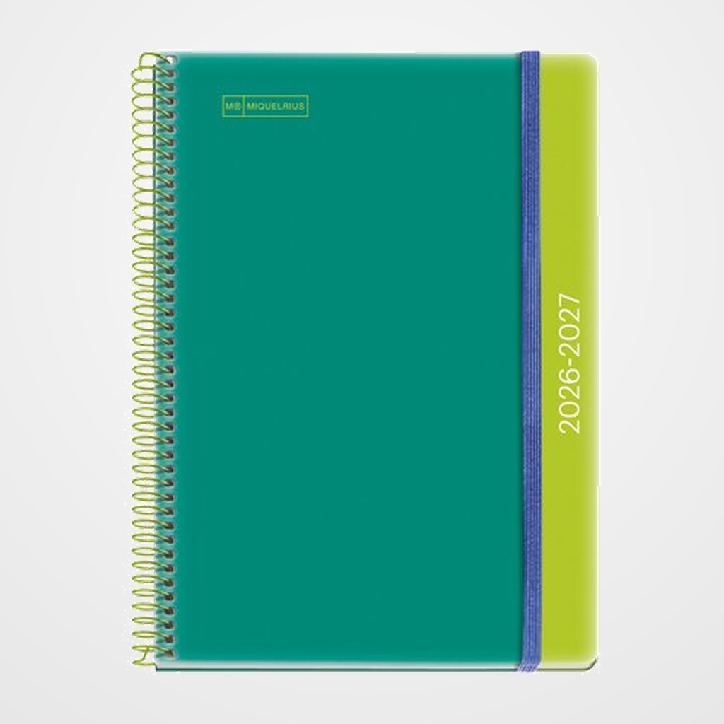 AGENDA ESCOLAR (2026-27) MIQUELRIUS COLLEGE ESPIRAL tapa PP con GOMA PLUS 4º 150x213 D/P C/GOMA DUO GREEN/LIME