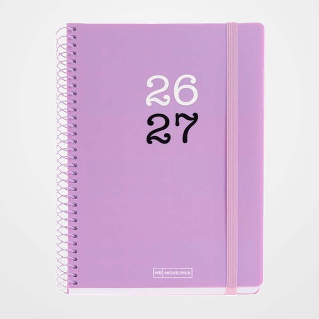 AGENDA ESCOLAR (2026-27) MIQUELRIUS COLLEGE ESPIRAL tapa PP con GOMA PLUS 4º 150x213 S/V APAIS. LILA