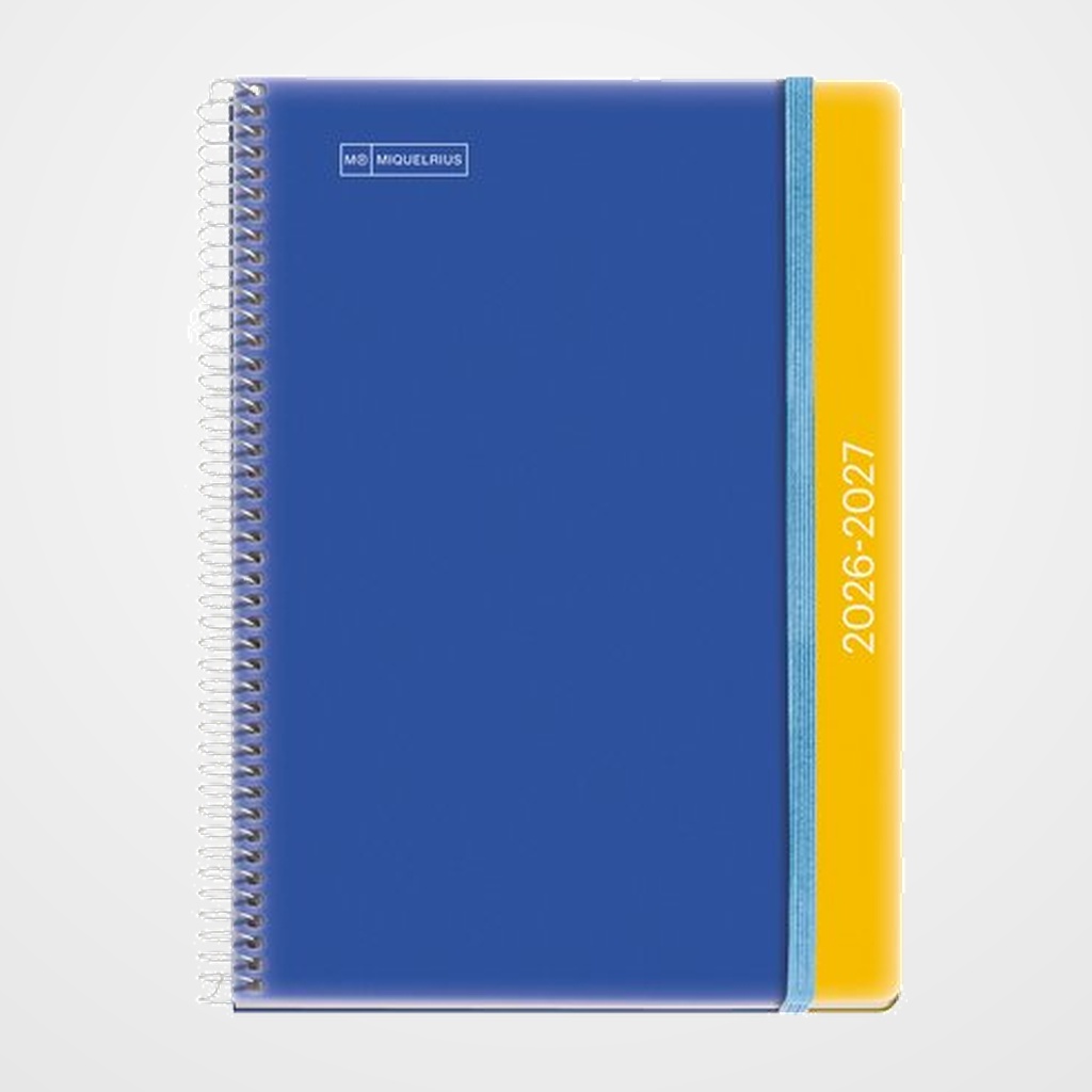 AGENDA ESCOLAR (2026-27) MIQUELRIUS COLLEGE ESPIRAL tapa PP con GOMA PLUS 4º 150x213 S/V C/GOMA DUO BLUE-MUSTARD