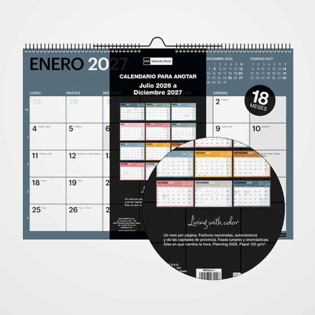 CALENDARIO (2026-27) MIQUELRIUS 18 MESES PARED MENSUAL CHROMAT PARA ESCRIBIR A3 420x297