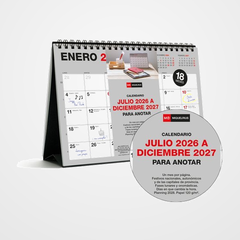 CALENDARIO (2026-27) MIQUELRIUS 18 MESES SOBREMESA MENSUAL BASIC PARA ESCRIBIR A5 210x148