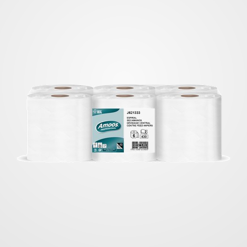 BOBINA DE PAPEL MECHA AMOOS PROFESSIONAL EFFICIENCY SECADO EXTRA 2 CAPAS 430 SERVICIOS 125 METROS BLANCO