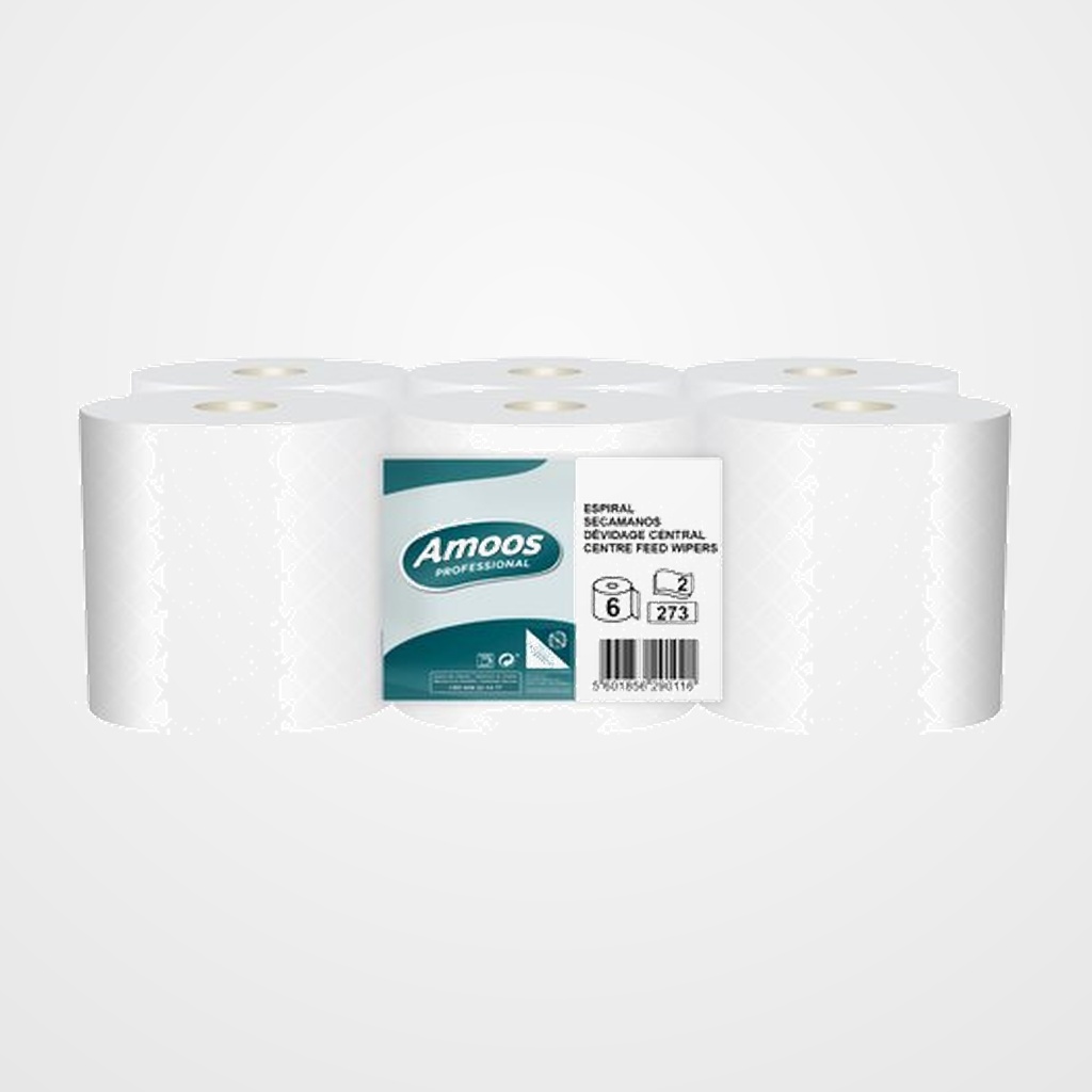 BOBINA DE PAPEL MECHA AMOOS PROFESSIONAL SECADO EXTRA 2 CAPAS 273 SERVICIOS 90 METROS BLANCO