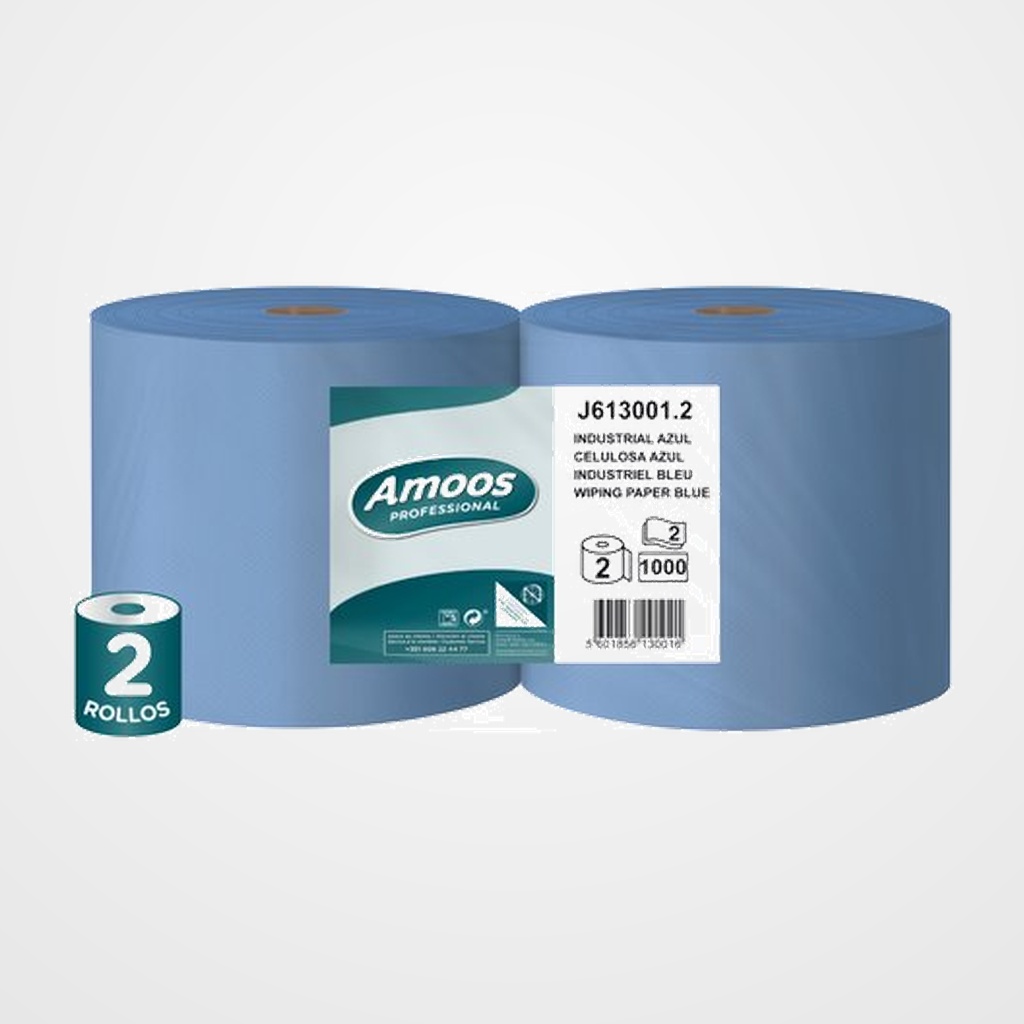 BOBINA DE PAPEL MECHA AMOOS PROFESSIONAL SECADO EXTRA 2 CAPAS 909 SERVICIOS 300 METROS AZUL