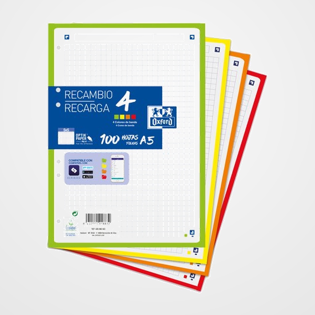 RECAMBIO OXFORD SCHOOL A5 100h 90gr 6 TALADROS CUADRIC.5x5 AZUL (4 colores vivos en banda)
