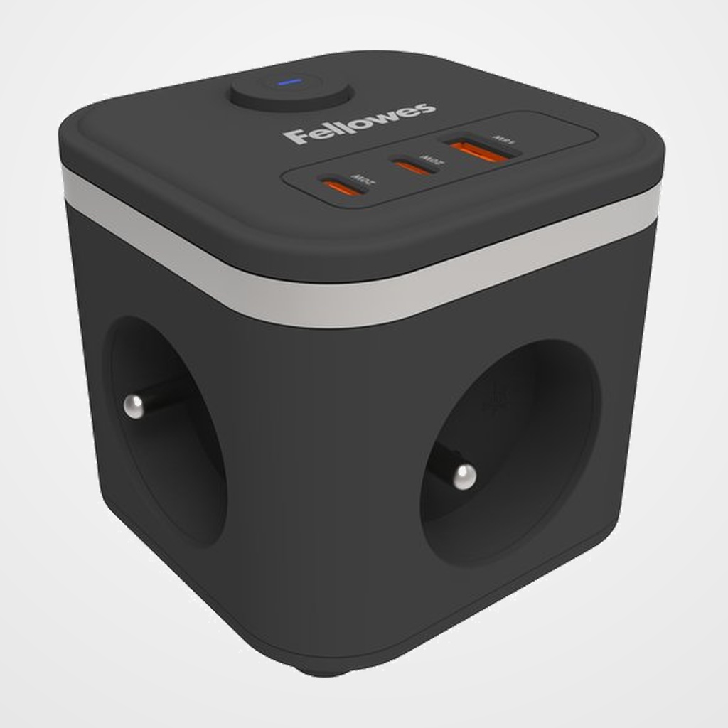 ENCHUFE ADAPTADOR FELLOWES 3 SALIDAS 3 USB (2C + 1A) (CUBO) CABLE 2 MTS. NEGRO
