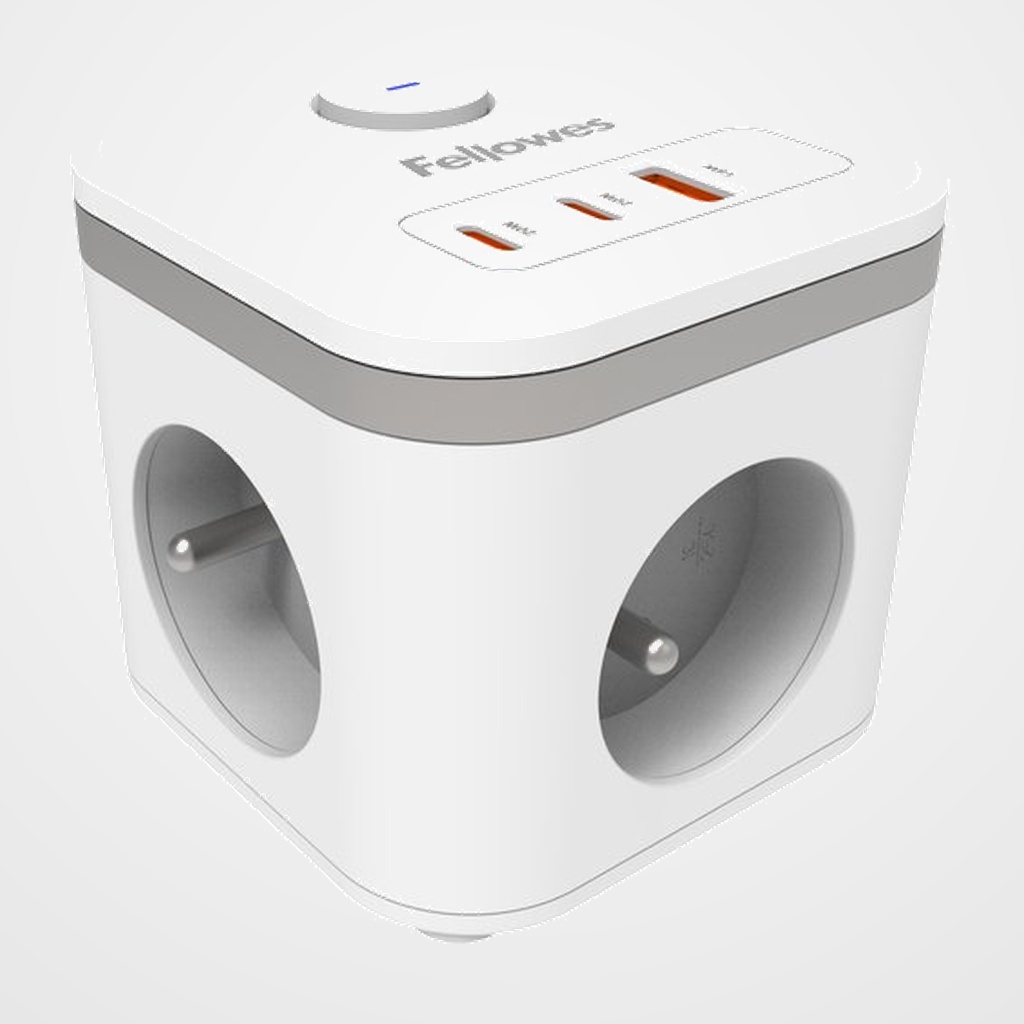ENCHUFE ADAPTADOR FELLOWES 3 SALIDAS 3 USB (2C + 1A) (CUBO) CABLE 2 MTS.BLANCO