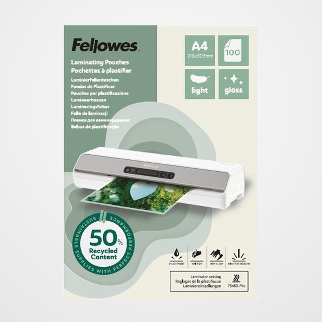 FUNDA PLASTIFICAR FELLOWES BRILLO 210x297 (A4) 80µ 50% RECICLADO PAQUETE de 100