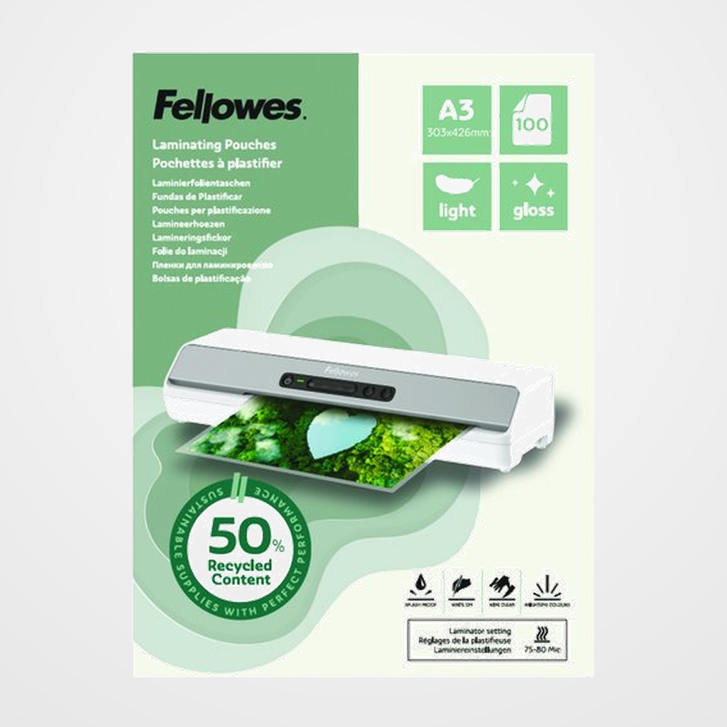 FUNDA PLASTIFICAR FELLOWES BRILLO 303x426 (A3) 80µ 50% RECICLADO PAQUETE de 100