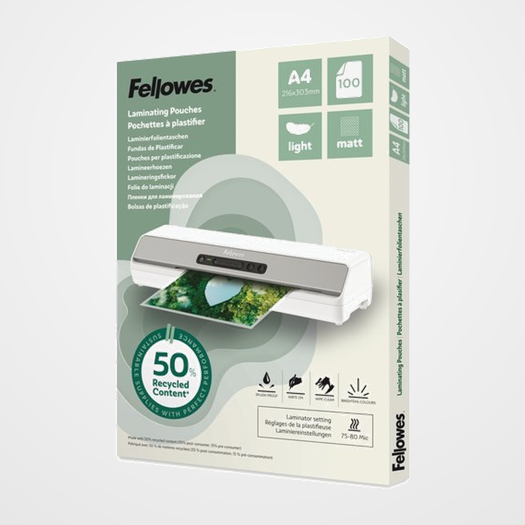 FUNDA PLASTIFICAR FELLOWES MATE 210x297 (A4) 80µ 50% RECICLADO PAQUETE de 100