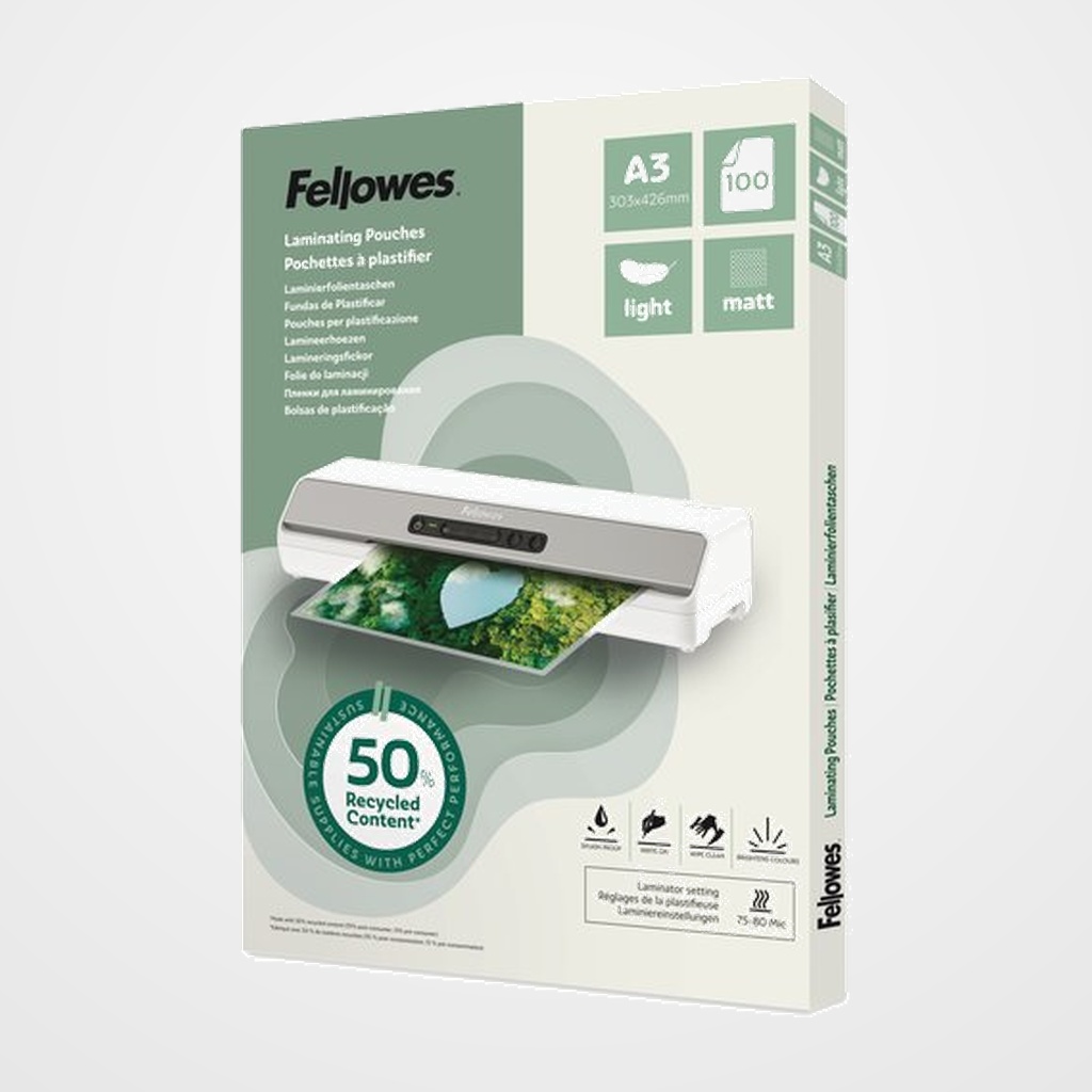 FUNDA PLASTIFICAR FELLOWES MATE 303x426 (A3) 80µ 50% RECICLADO PAQUETE de 100