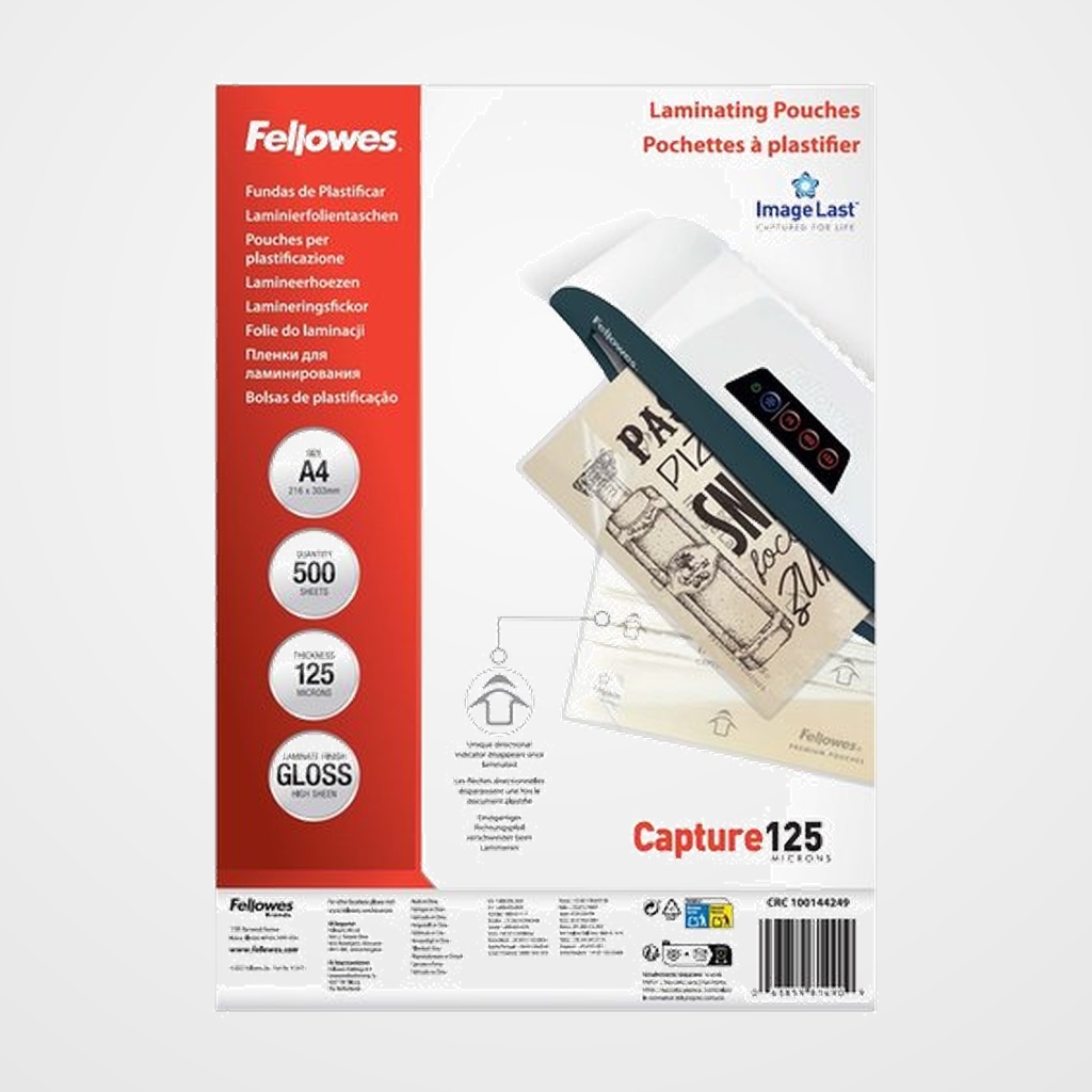 FUNDA PLASTIFICAR FELLOWES BRILLO 216x303 (A4) 125µ PAQUETE de 500 (Formato Ahorro)