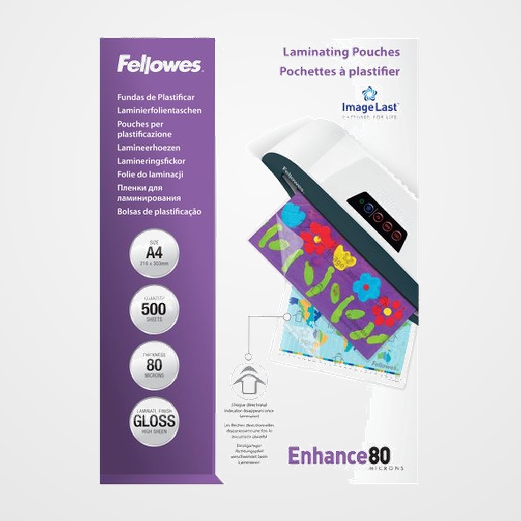 FUNDA PLASTIFICAR FELLOWES BRILLO 216x303 (A4) 80µ PAQUETE de 500 (Formato Ahorro)