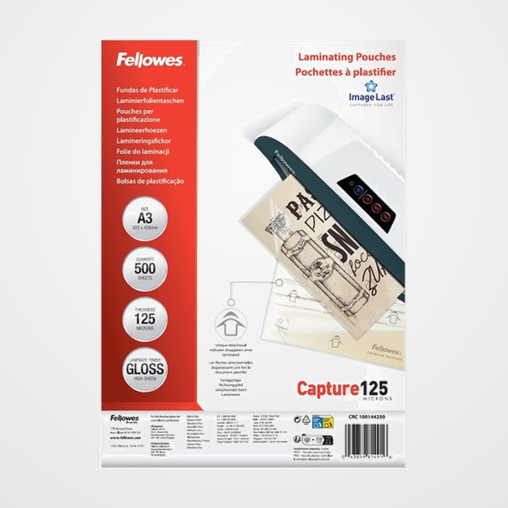 FUNDA PLASTIFICAR FELLOWES BRILLO 303x426 (A3) 125µ PAQUETE de 500 (Formato Ahorro)
