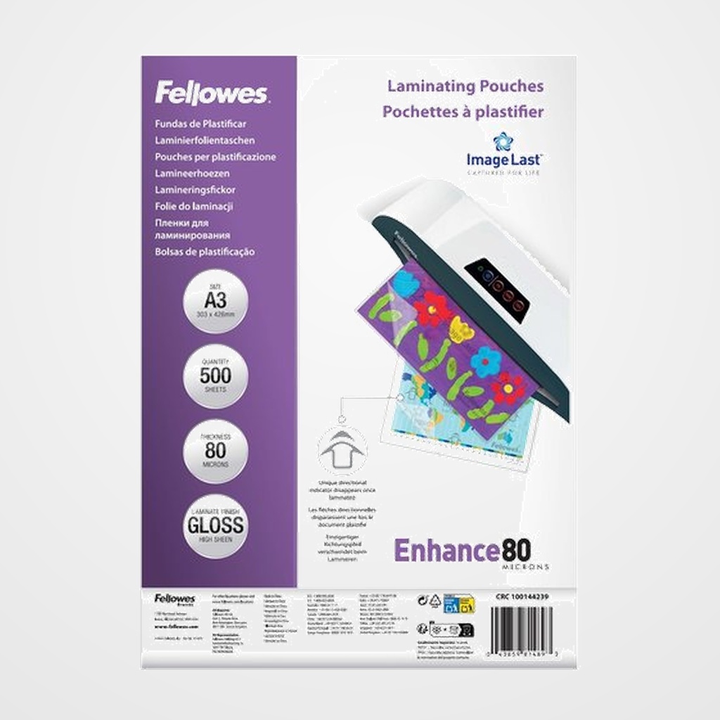 FUNDA PLASTIFICAR FELLOWES BRILLO 303x426 (A3) 80µ PAQUETE de 500 (Formato Ahorro)