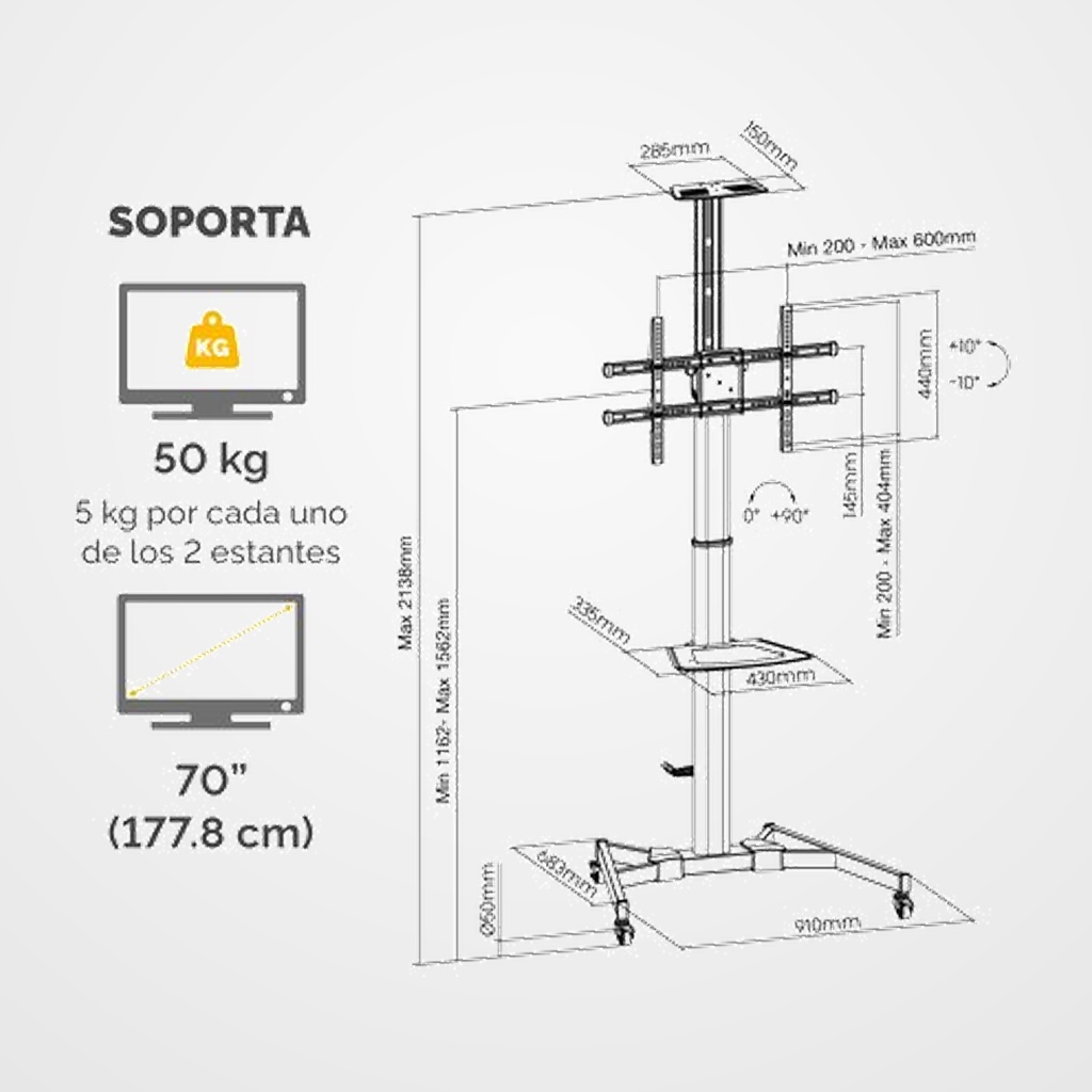 SOPORTE de SUELO TV FELLOWES 37 -70  HASTA 50 KG CON RUEDAS NEGRO