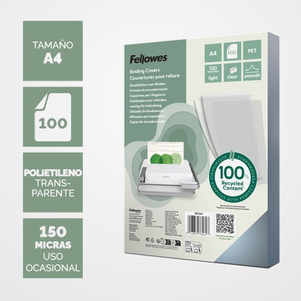 TAPA de ENCUADERNAR FELLOWES A4 150µ POLIETILENO (100% RECICLADO) CRISTAL CAJA de 100