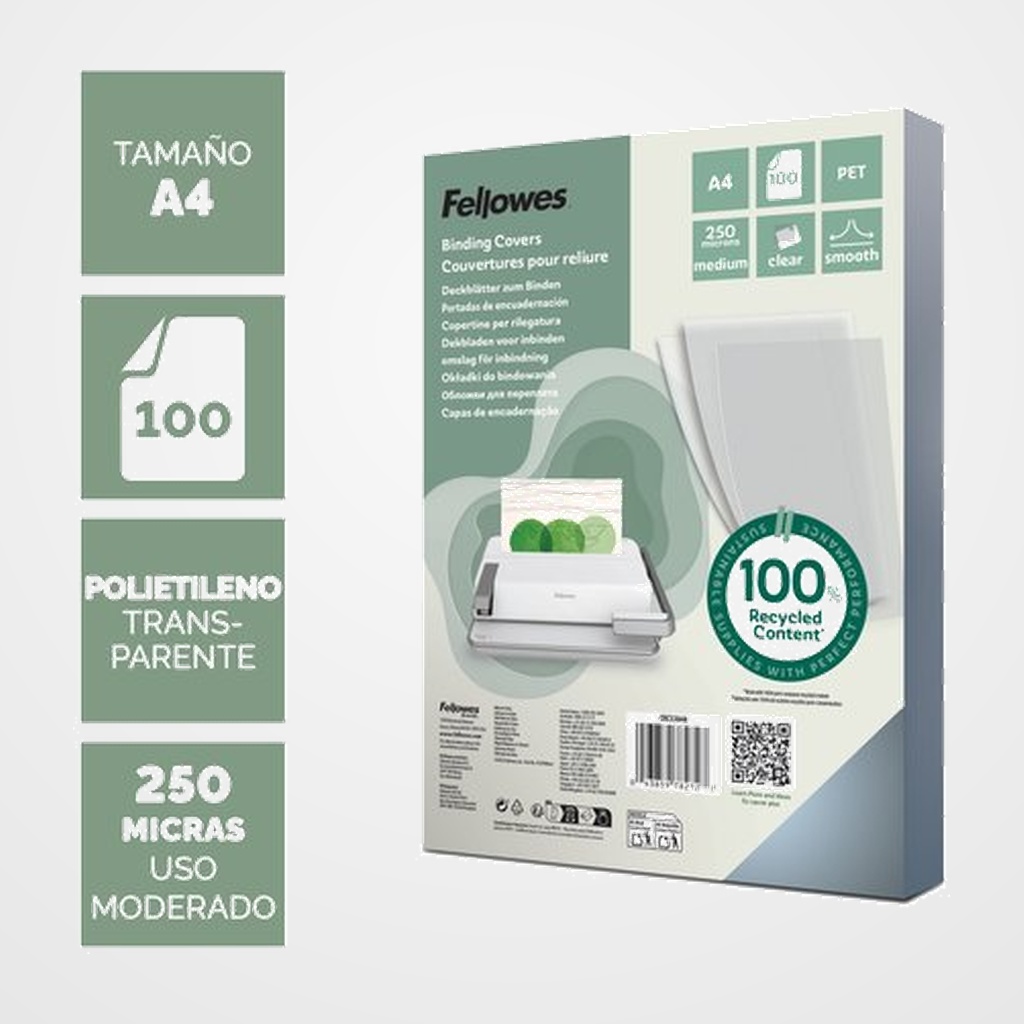 TAPA de ENCUADERNAR FELLOWES A4 250µ POLIETILENO (100% RECICLADO) CRISTAL CAJA de 100
