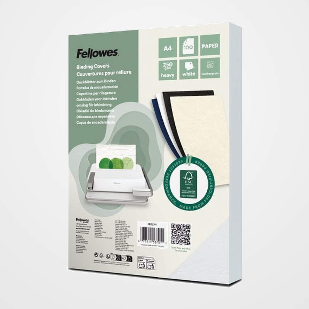 TAPA de ENCUADERNAR FELLOWES A4 250g DELTA CUERO (100% RECICLABLE) BLANCO CAJA de 100