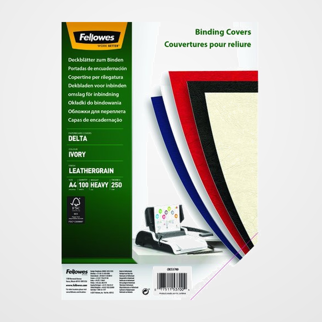 TAPA de ENCUADERNAR FELLOWES A4 250g DELTA CUERO (100% RECICLABLE) MARFIL CAJA de 100